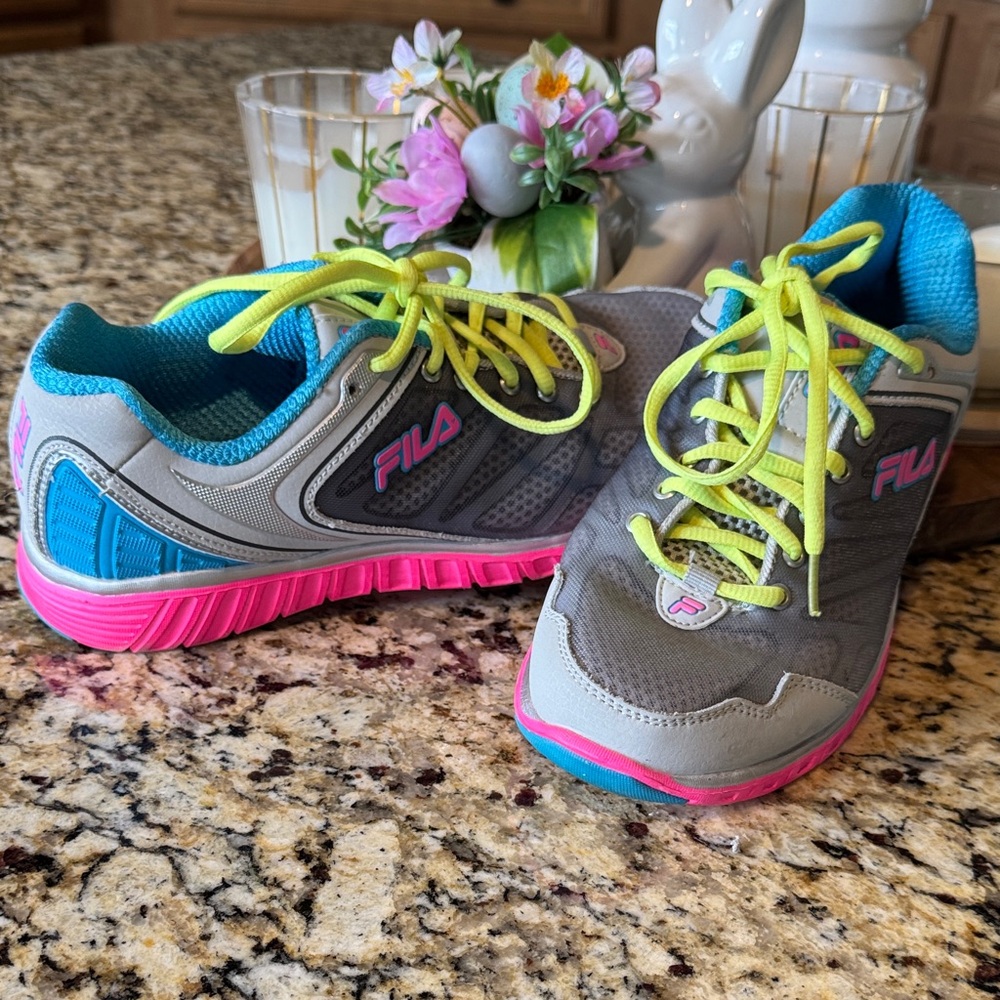 Fila Gray Athletic Sneakers with Pink Soles and Neon Yellow Laces